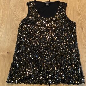 89th & Madison Tank Top Womens Medium Silver Black Sequins Bling Sparkly Glam L